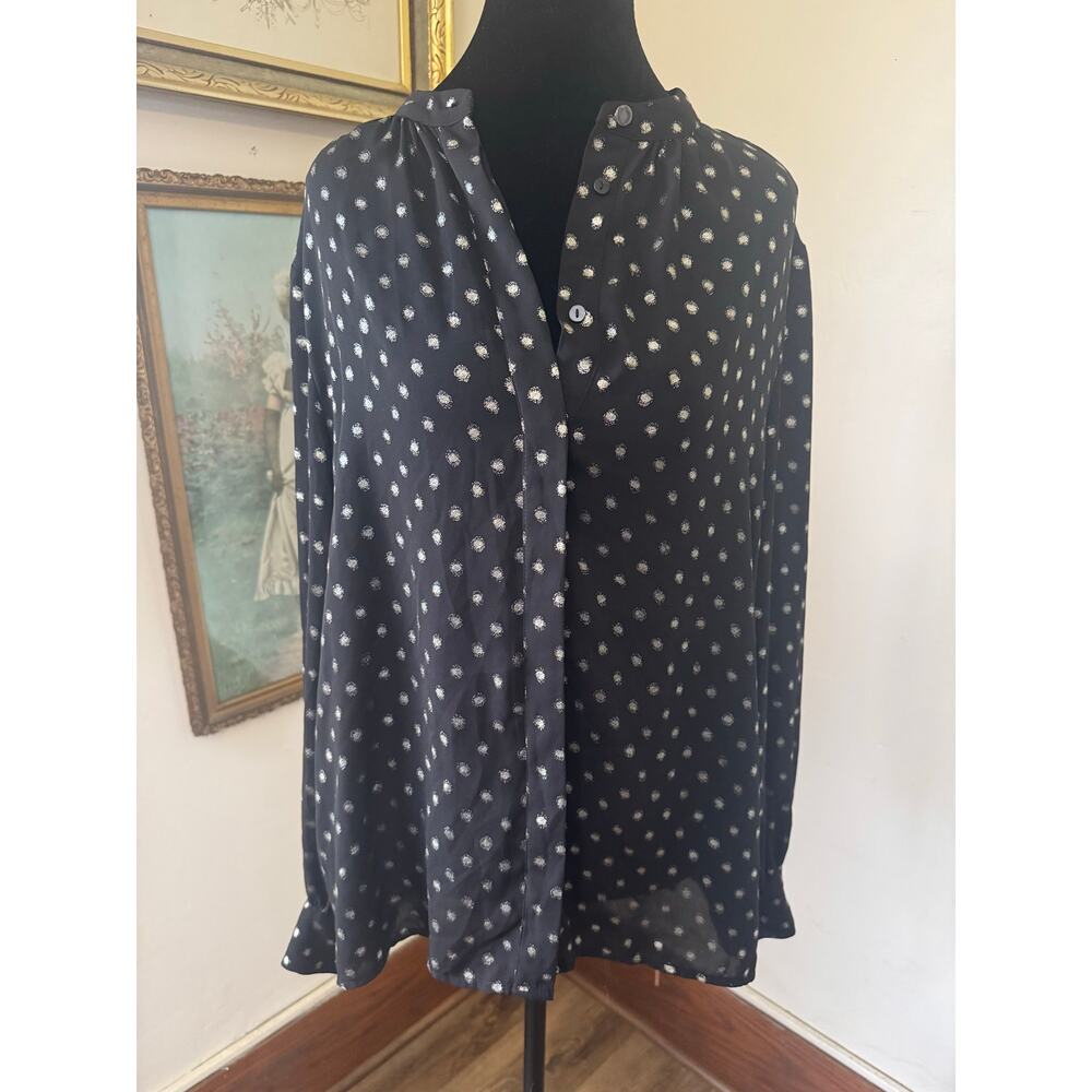 Worthington Black Polka Dot Blouse L Sheer Button Front Long Sleeve